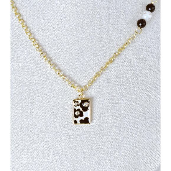 Black White Statement Necklace Flowers Enamel CZ Gold Plated Adjustable Chain - Picture 5 of 6